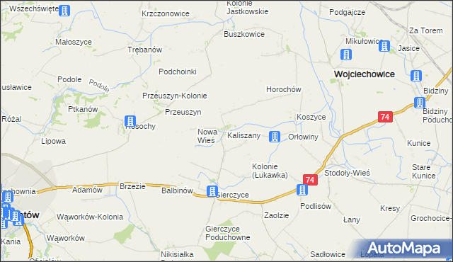 mapa Kaliszany gmina Wojciechowice, Kaliszany gmina Wojciechowice na mapie Targeo
