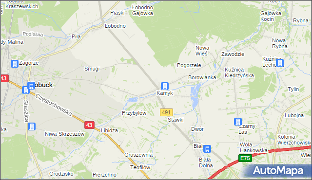 mapa Kamyk gmina Kłobuck, Kamyk gmina Kłobuck na mapie Targeo