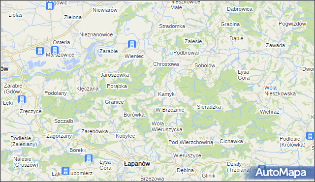 mapa Kamyk gmina Łapanów, Kamyk gmina Łapanów na mapie Targeo