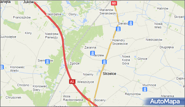 mapa Karolew gmina Strzelce, Karolew gmina Strzelce na mapie Targeo