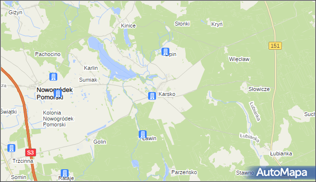 mapa Karsko gmina Nowogródek Pomorski, Karsko gmina Nowogródek Pomorski na mapie Targeo