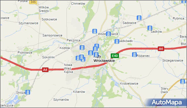 mapa Kąty Wrocławskie, Kąty Wrocławskie na mapie Targeo