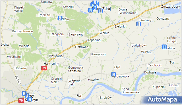 mapa Kawęczyn gmina Nowy Korczyn, Kawęczyn gmina Nowy Korczyn na mapie Targeo