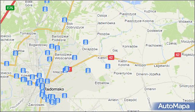 mapa Kietlin gmina Radomsko, Kietlin gmina Radomsko na mapie Targeo