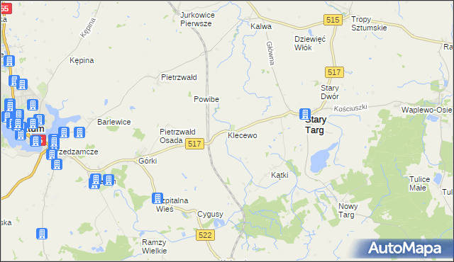 mapa Klecewo gmina Stary Targ, Klecewo gmina Stary Targ na mapie Targeo