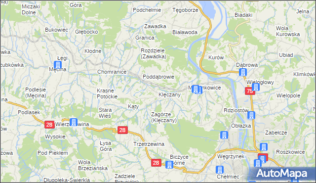 mapa Klęczany gmina Chełmiec, Klęczany gmina Chełmiec na mapie Targeo