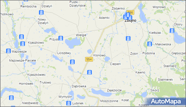 mapa Klonowo gmina Zbójno, Klonowo gmina Zbójno na mapie Targeo