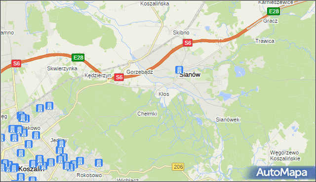 mapa Kłos gmina Sianów, Kłos gmina Sianów na mapie Targeo