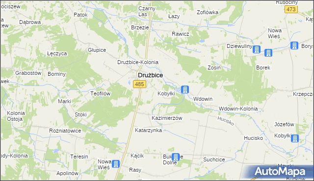 mapa Kobyłki gmina Drużbice, Kobyłki gmina Drużbice na mapie Targeo