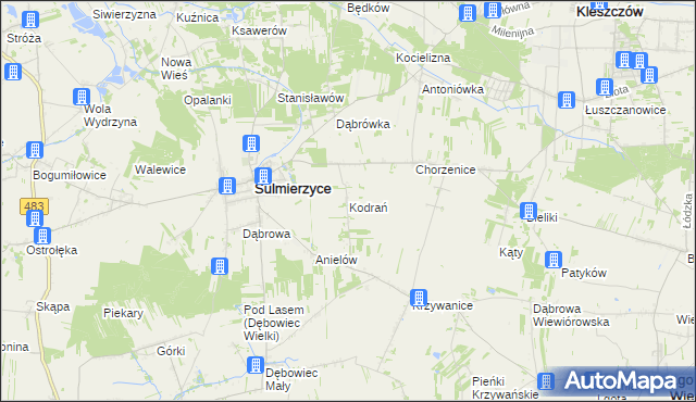 mapa Kodrań gmina Sulmierzyce, Kodrań gmina Sulmierzyce na mapie Targeo