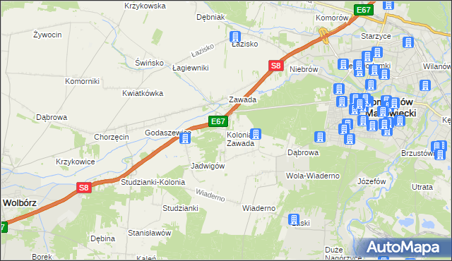 mapa Kolonia Zawada gmina Tomaszów Mazowiecki, Kolonia Zawada gmina Tomaszów Mazowiecki na mapie Targeo