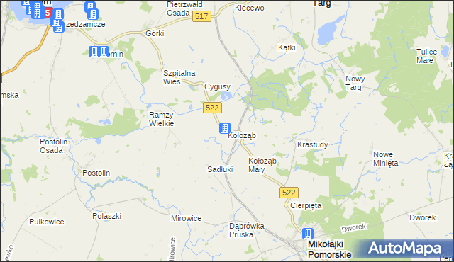 mapa Kołoząb gmina Mikołajki Pomorskie, Kołoząb gmina Mikołajki Pomorskie na mapie Targeo