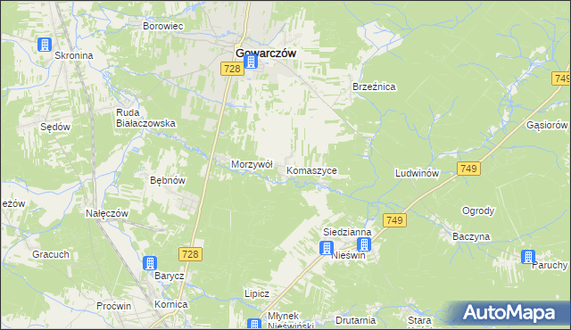 mapa Komaszyce gmina Gowarczów, Komaszyce gmina Gowarczów na mapie Targeo