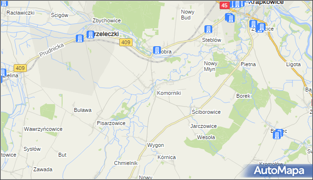 mapa Komorniki gmina Strzeleczki, Komorniki gmina Strzeleczki na mapie Targeo