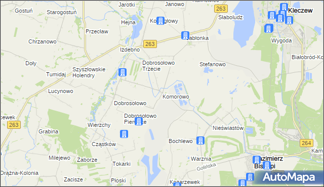 mapa Komorowo gmina Kazimierz Biskupi, Komorowo gmina Kazimierz Biskupi na mapie Targeo