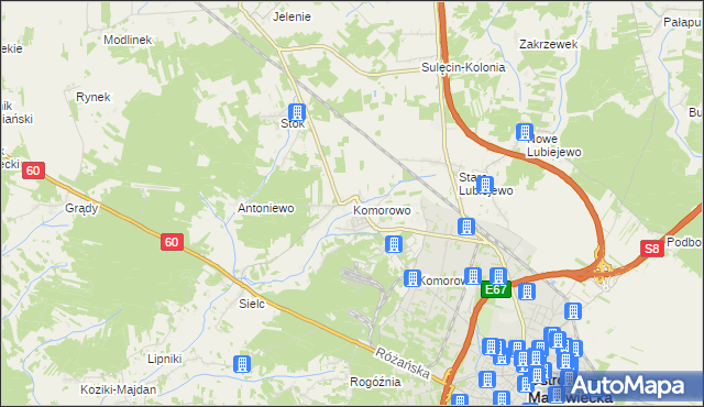 mapa Komorowo gmina Ostrów Mazowiecka, Komorowo gmina Ostrów Mazowiecka na mapie Targeo