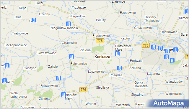 mapa Koniusza powiat proszowicki, Koniusza powiat proszowicki na mapie Targeo