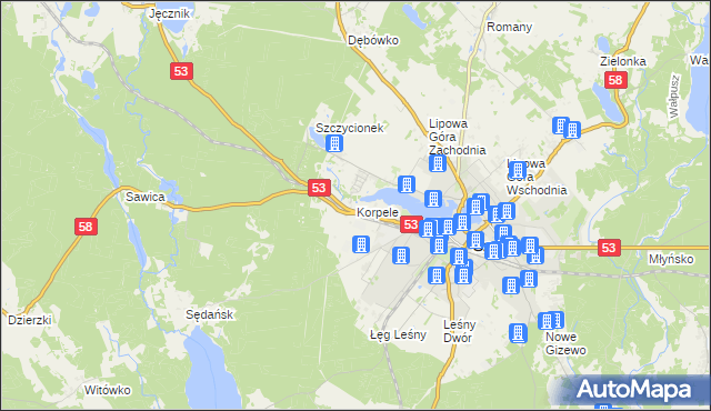 mapa Korpele, Korpele na mapie Targeo