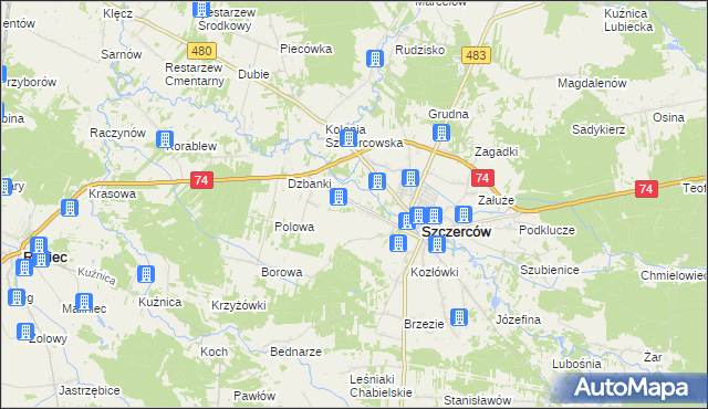 mapa Kościuszki gmina Szczerców, Kościuszki gmina Szczerców na mapie Targeo