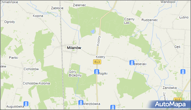 mapa Kostry, Kostry na mapie Targeo