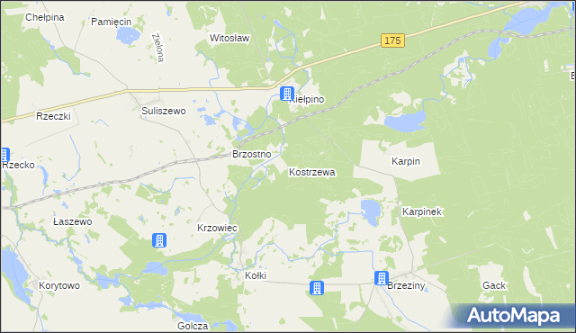mapa Kostrzewa gmina Drawno, Kostrzewa gmina Drawno na mapie Targeo