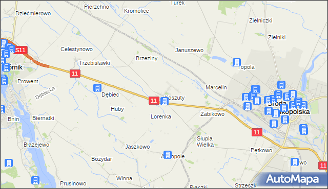 mapa Koszuty gmina Środa Wielkopolska, Koszuty gmina Środa Wielkopolska na mapie Targeo