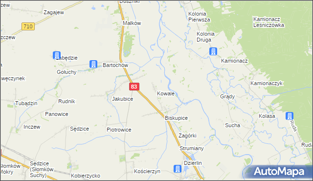 mapa Kowale gmina Sieradz, Kowale gmina Sieradz na mapie Targeo