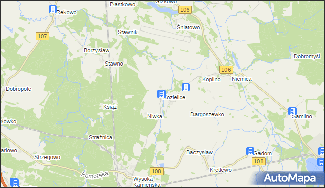 mapa Kozielice gmina Golczewo, Kozielice gmina Golczewo na mapie Targeo