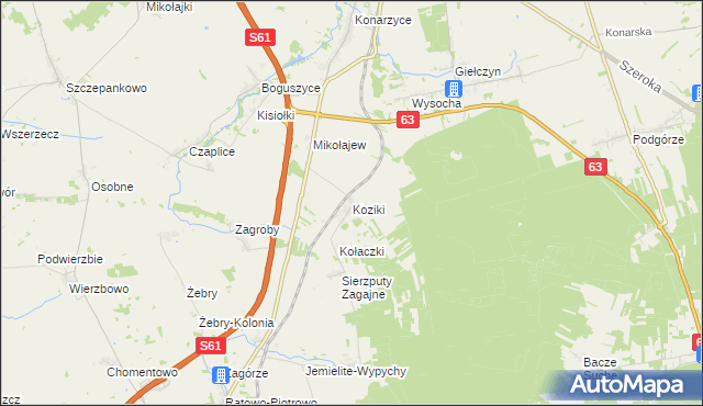 mapa Koziki gmina Śniadowo, Koziki gmina Śniadowo na mapie Targeo