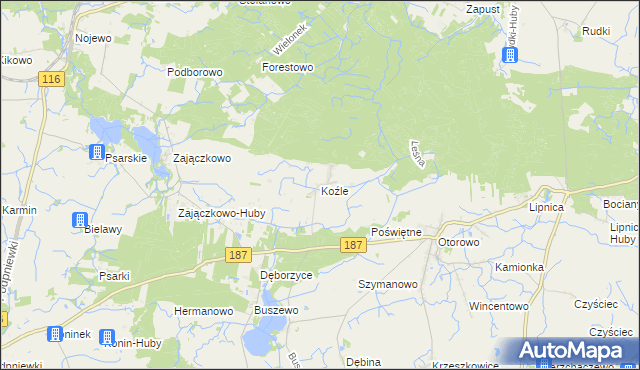 mapa Koźle gmina Szamotuły, Koźle gmina Szamotuły na mapie Targeo
