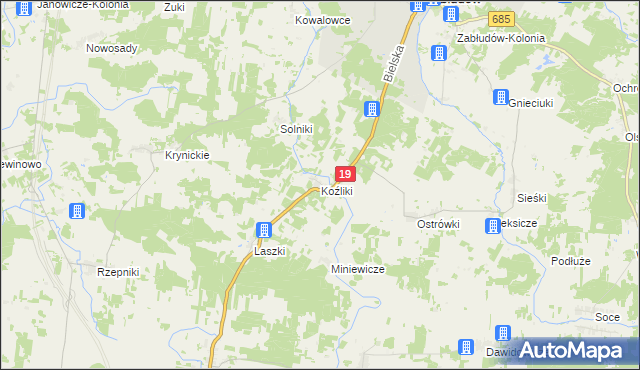 mapa Koźliki gmina Zabłudów, Koźliki gmina Zabłudów na mapie Targeo