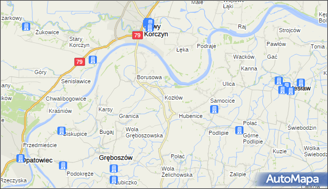 mapa Kozłów gmina Gręboszów, Kozłów gmina Gręboszów na mapie Targeo