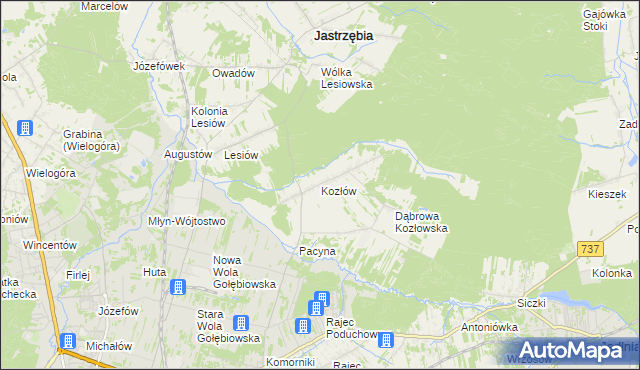 mapa Kozłów gmina Jastrzębia, Kozłów gmina Jastrzębia na mapie Targeo