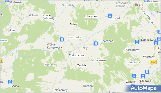 mapa Kozły gmina Łomazy, Kozły gmina Łomazy na mapie Targeo