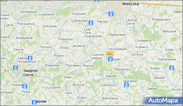 mapa Koźmice Wielkie, Koźmice Wielkie na mapie Targeo