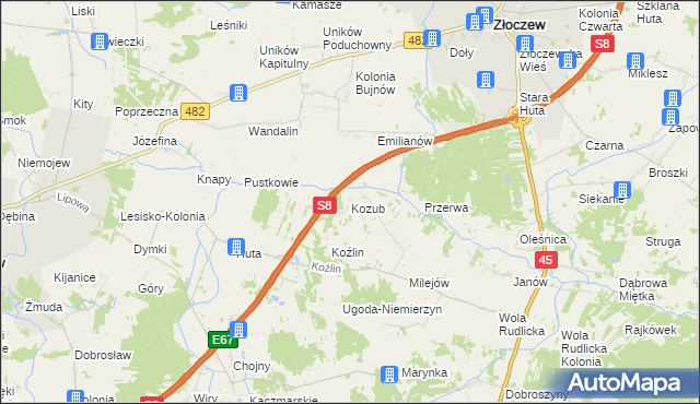 mapa Kozub, Kozub na mapie Targeo
