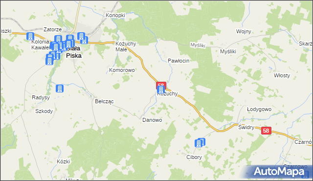 mapa Kożuchy, Kożuchy na mapie Targeo