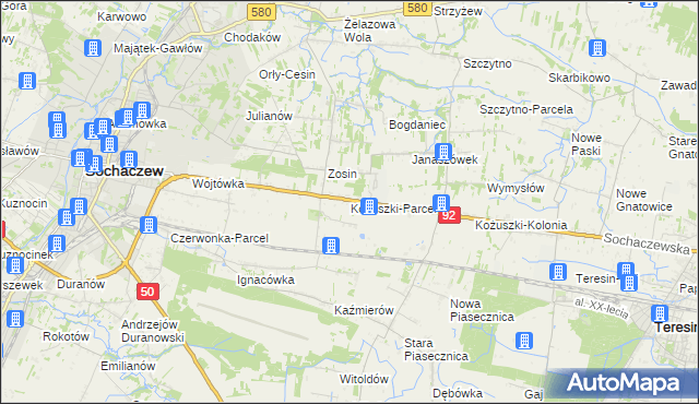 mapa Kożuszki-Parcel, Kożuszki-Parcel na mapie Targeo