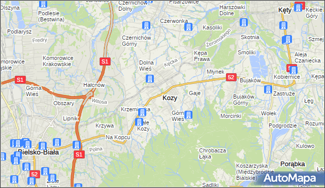 mapa Kozy powiat bielski, Kozy powiat bielski na mapie Targeo