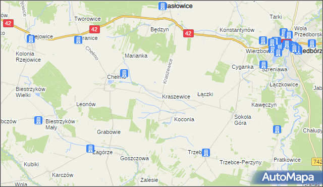 mapa Kraszewice gmina Masłowice, Kraszewice gmina Masłowice na mapie Targeo