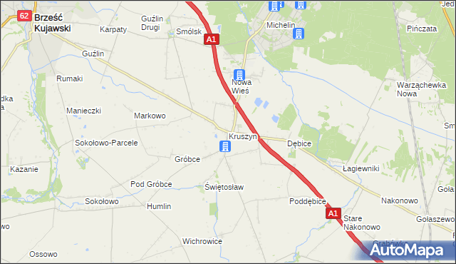 mapa Kruszyn gmina Włocławek, Kruszyn gmina Włocławek na mapie Targeo