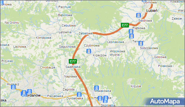 mapa Krzeczów gmina Lubień, Krzeczów gmina Lubień na mapie Targeo