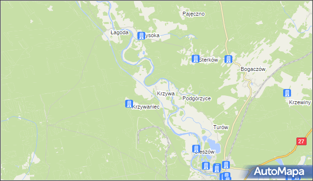 mapa Krzywa gmina Nowogród Bobrzański, Krzywa gmina Nowogród Bobrzański na mapie Targeo