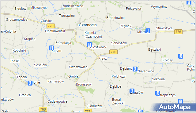 mapa Krzyż gmina Czarnocin, Krzyż gmina Czarnocin na mapie Targeo