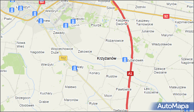 mapa Krzyżanów powiat kutnowski, Krzyżanów powiat kutnowski na mapie Targeo