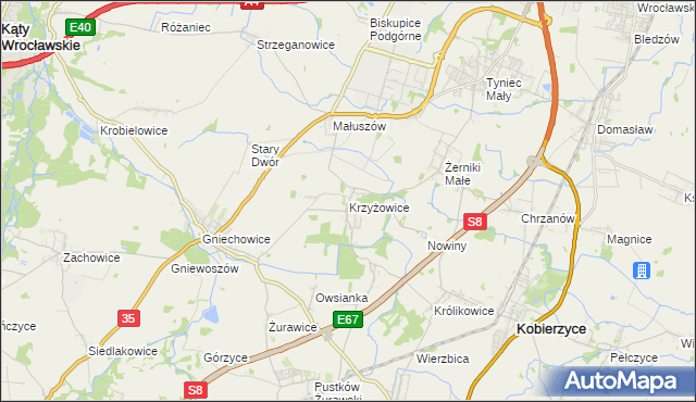 mapa Krzyżowice gmina Kobierzyce, Krzyżowice gmina Kobierzyce na mapie Targeo