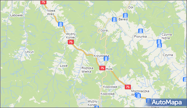 mapa Krzyżówka gmina Łabowa, Krzyżówka gmina Łabowa na mapie Targeo