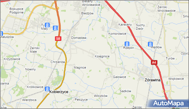 mapa Księginice gmina Kobierzyce, Księginice gmina Kobierzyce na mapie Targeo