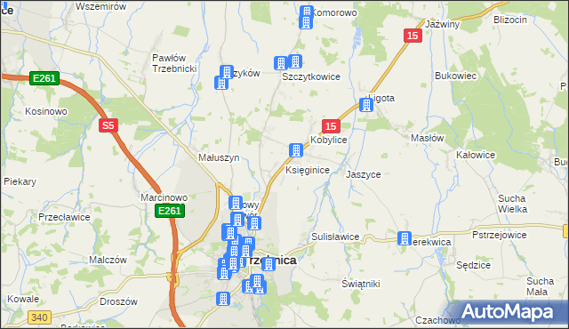 mapa Księginice gmina Trzebnica, Księginice gmina Trzebnica na mapie Targeo