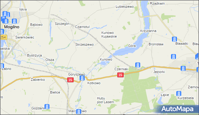 mapa Kunowo gmina Mogilno, Kunowo gmina Mogilno na mapie Targeo